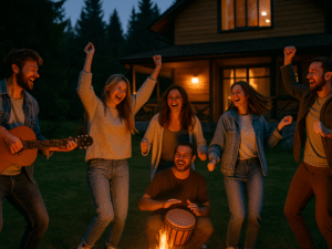 Friends dancing around a campfire at Lake Arrowhead retreat, joyful evening gathering.